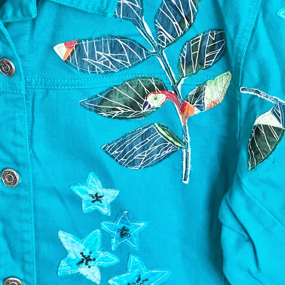 Vintage Chico’s Patchwork Floral Teal Denim Button Up Jean Jacket Women’s size 2 - Picture 7 of 16